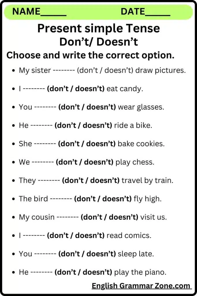 Simple Present: Don’t And Doesn’t Worksheet