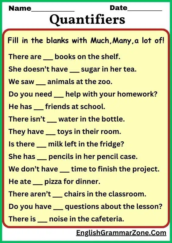Quantifiers much many a lot of worksheet