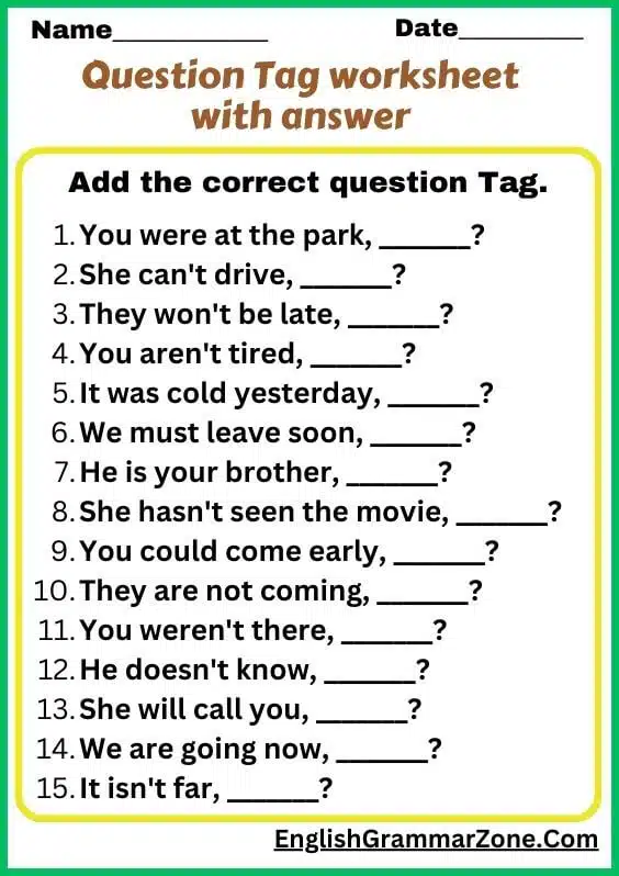 Question tag worksheet with answers