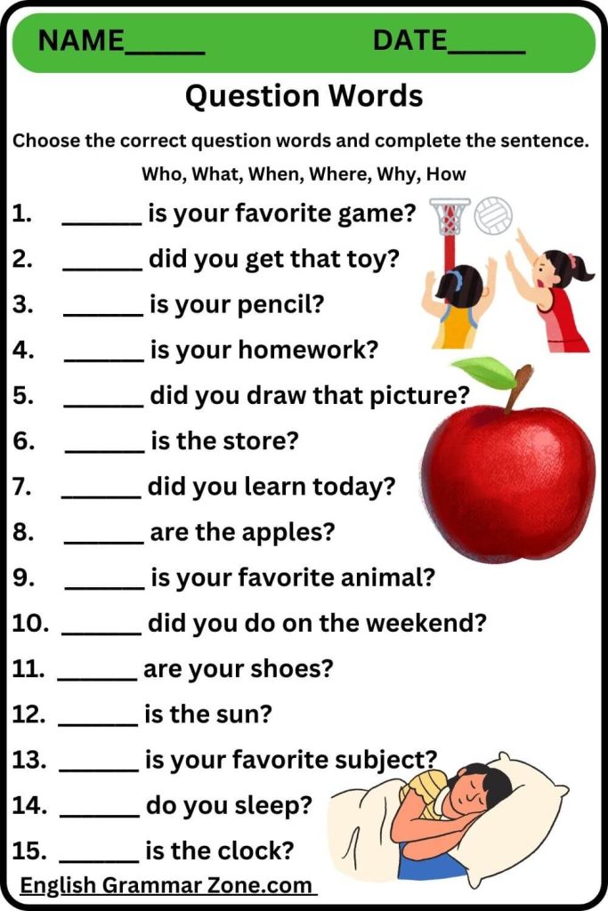 Question Words Worksheets for Grade