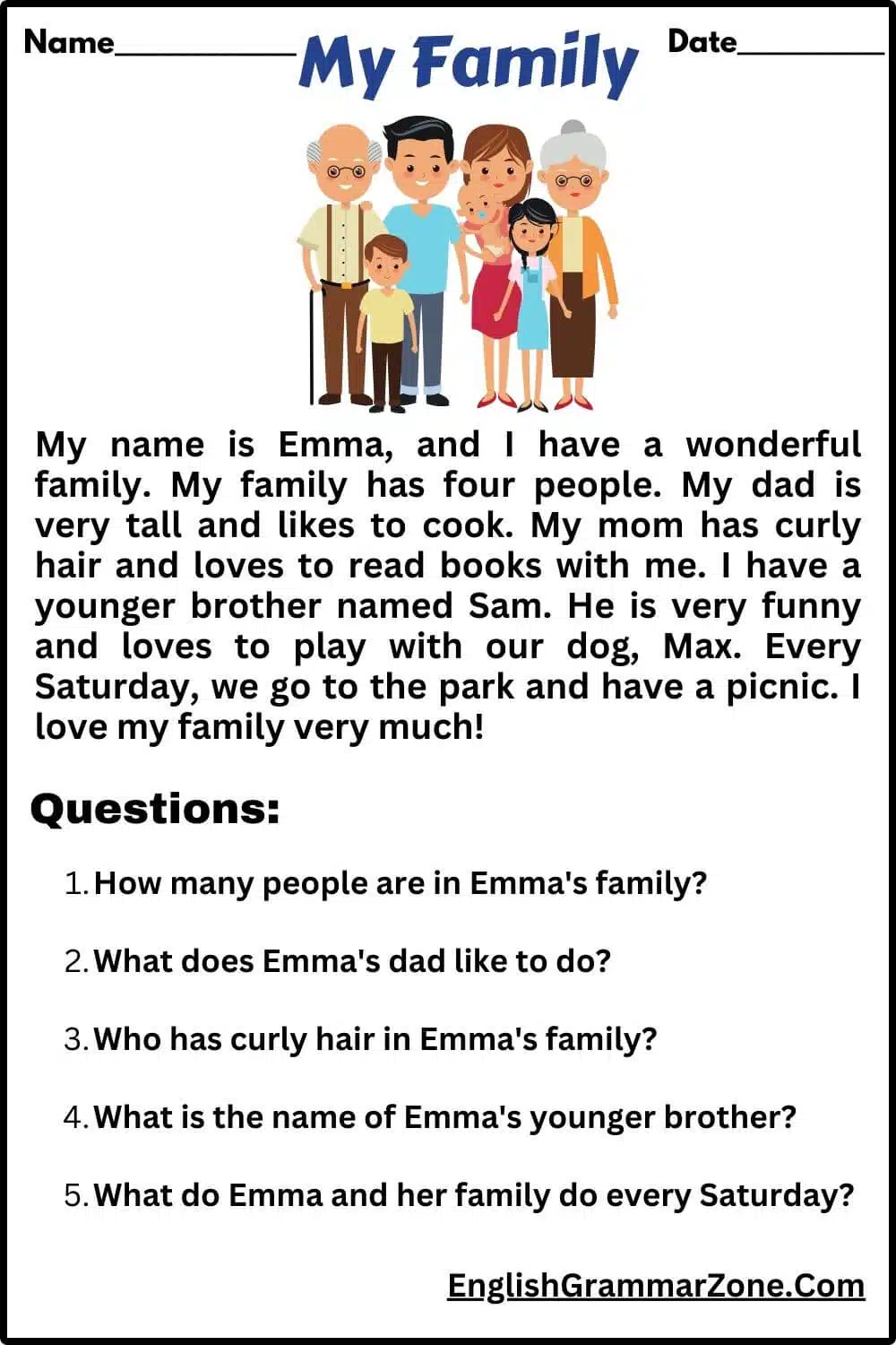 Reading comprehension about family