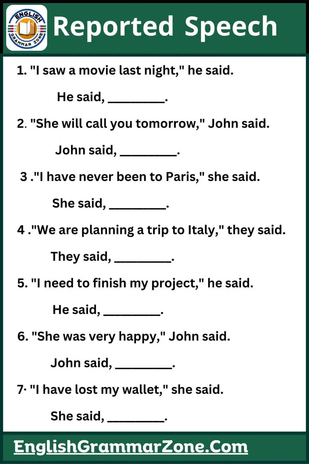 Reported speech examples sentences