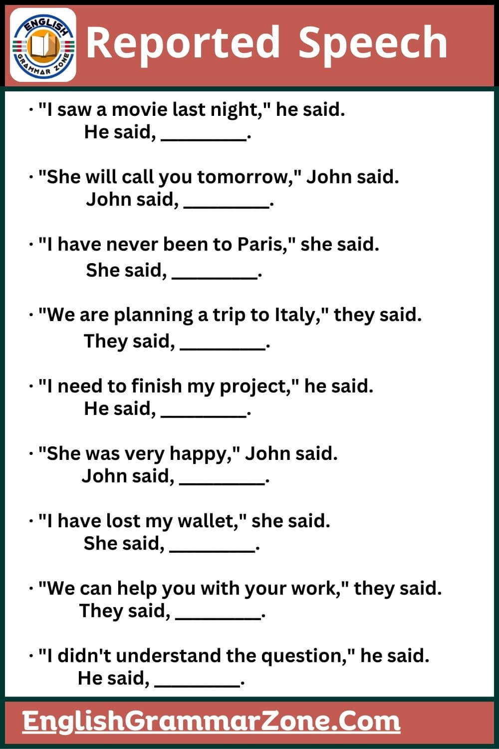 Reported speech examples worksheet