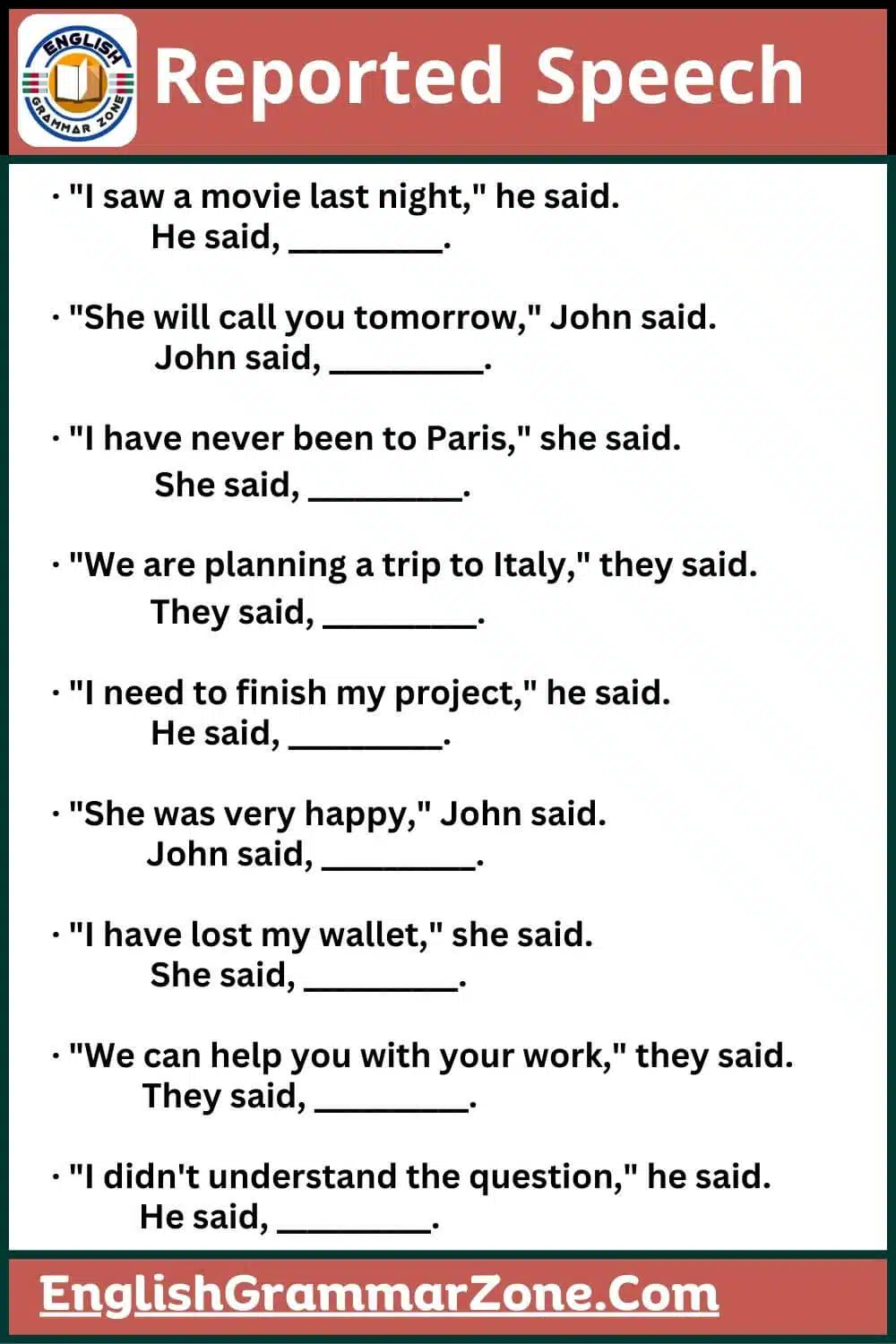 Reported speech examples worksheet