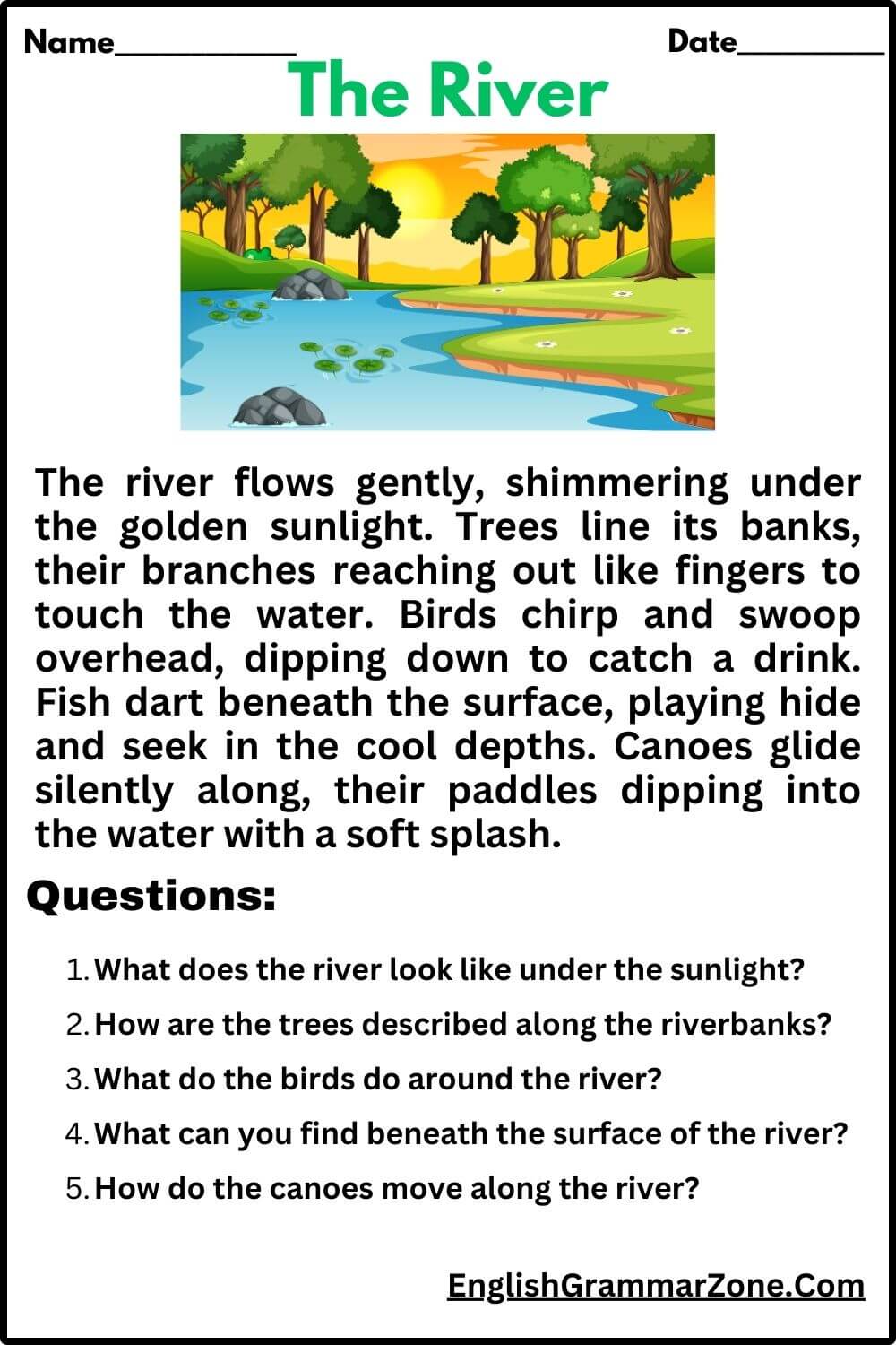 The river reading comprehension worksheets