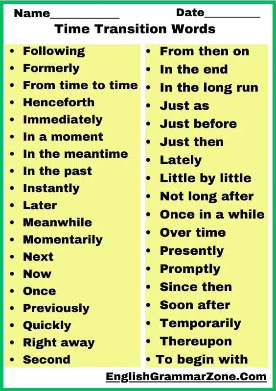 Time Transition Words List In English