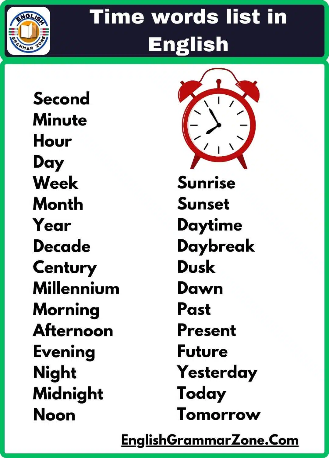 Time words list in English