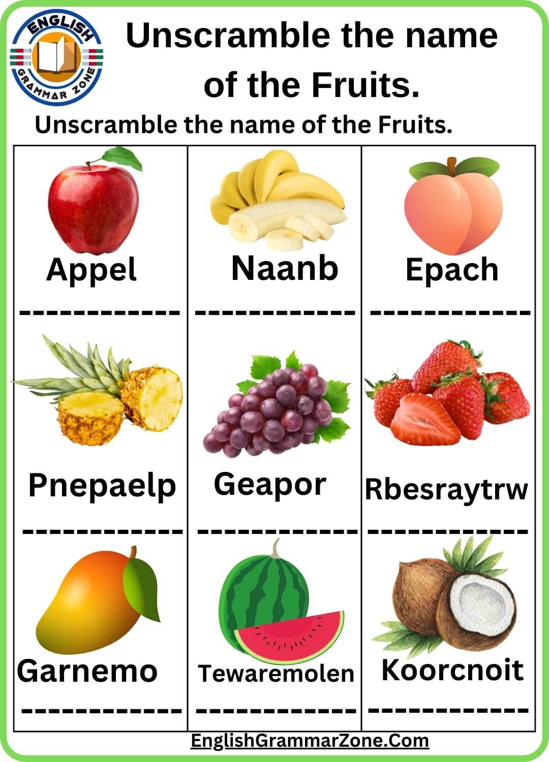 Fruit Word Scramble Worksheet For Kids (Grades 1-3)