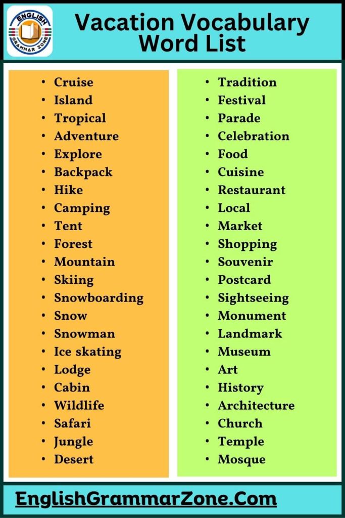 Vacation vocabulary word list