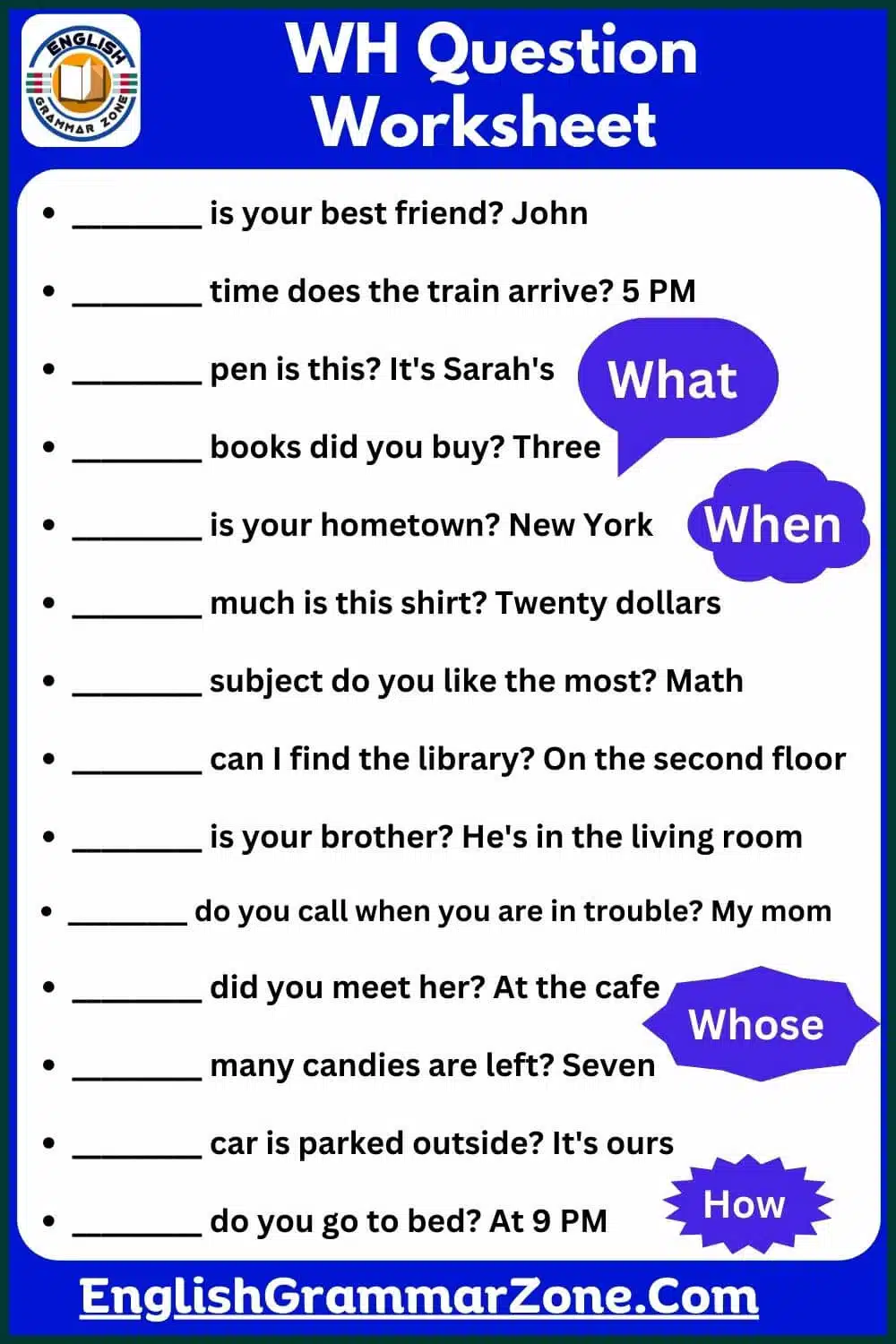 WH Question Words Worksheet