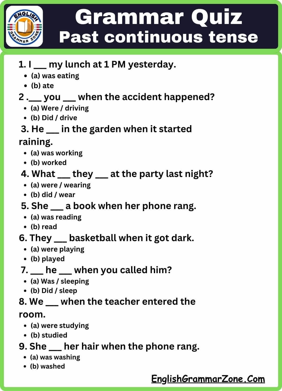 Past Continuous Tense Multiple Choice Question And Answer