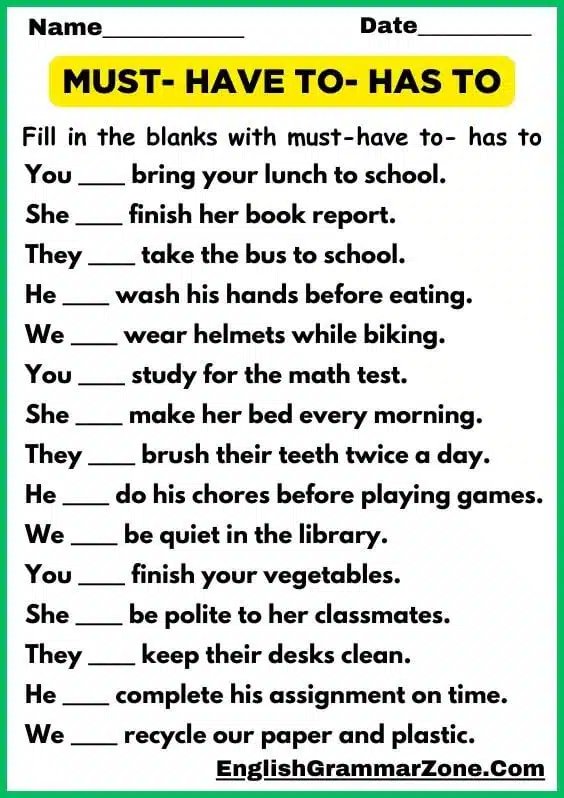 must have to has to worksheet