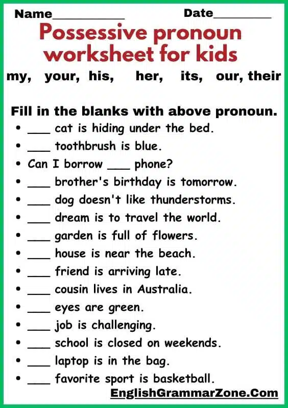 Possessive pronoun worksheet for kids with answers