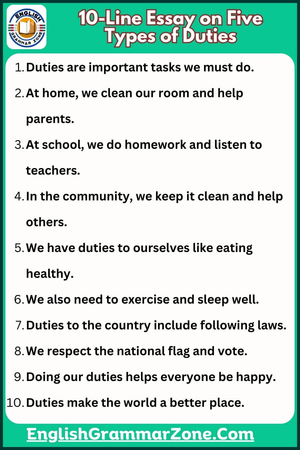 10-Line Essay on Five Types of Duties