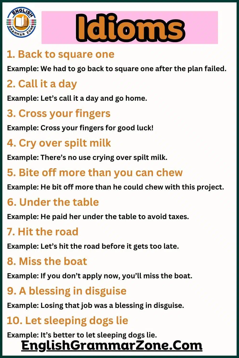 50 idiomatic expressions with examples