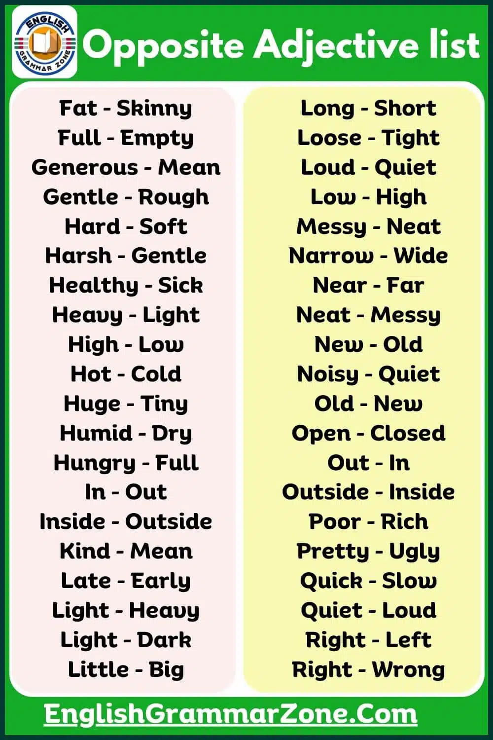 Opposite Adjective list