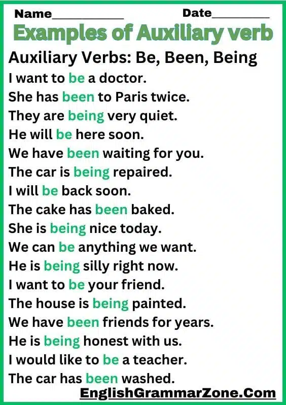 Auxiliary Verb Example Sentence Worksheet