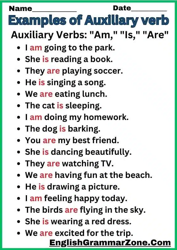 Auxiliary Verb Example Sentence Worksheet