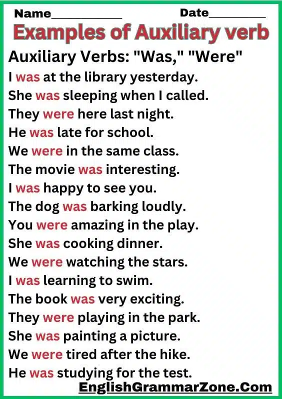 Auxiliary Verb Example Sentence Worksheet