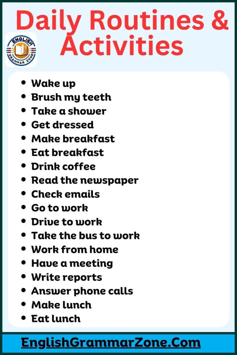 Daily Routines And Activities List And Example Sentence