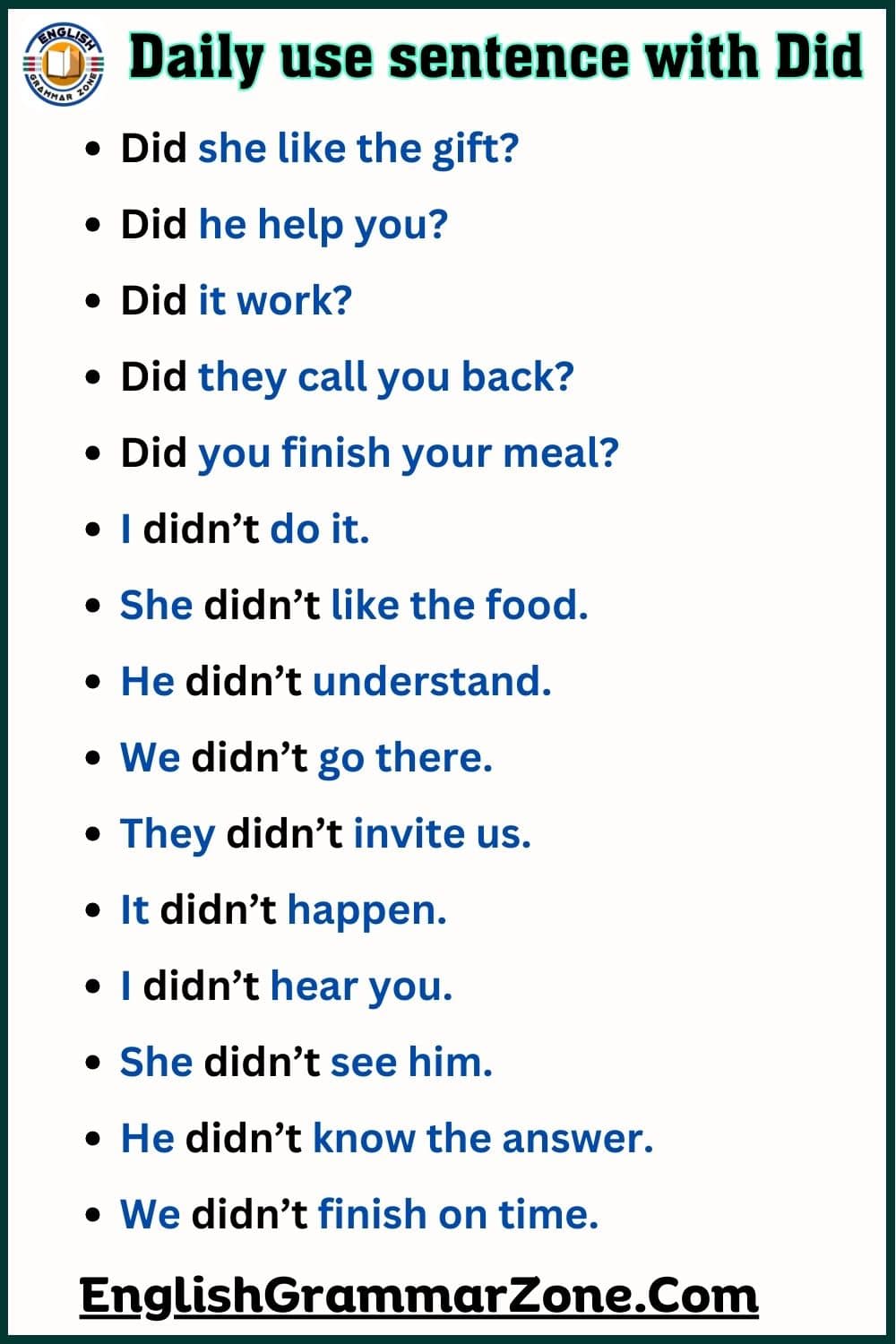 Daily use sentence with Did