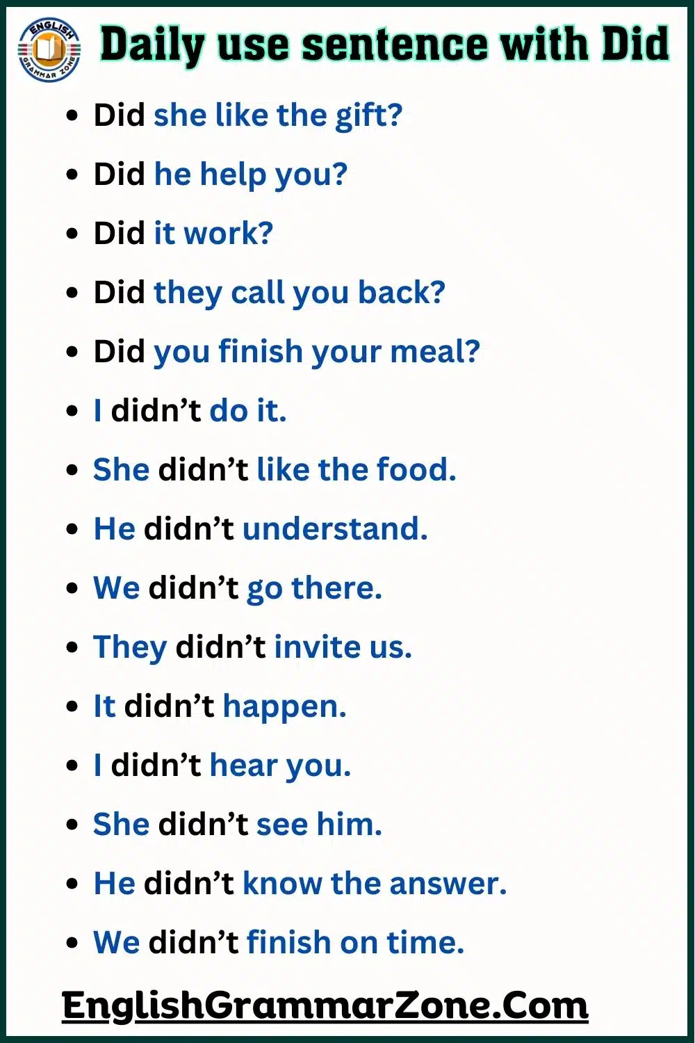 Daily use sentence with Did