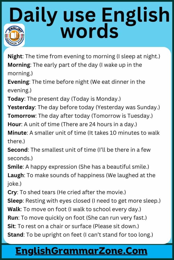 Daily use vocabulary words with meaning