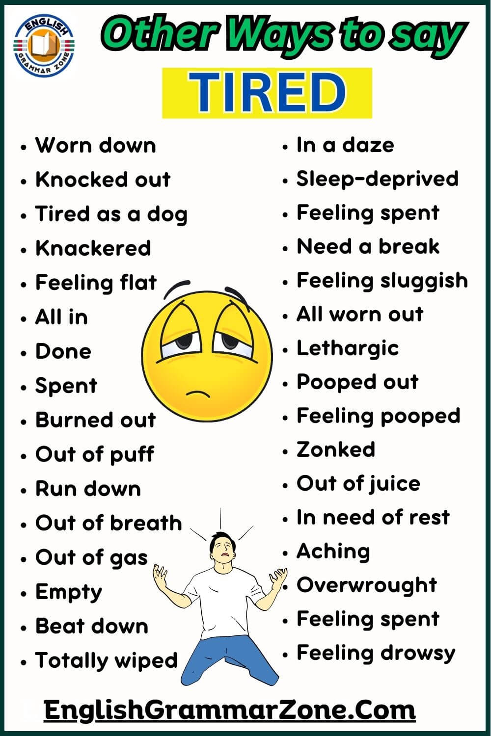  120 different ways to say  Tired in English