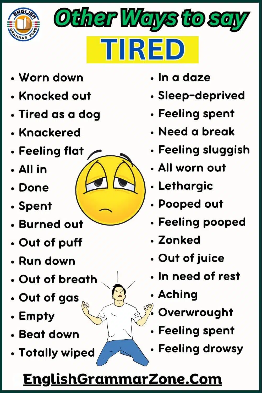  120 different ways to say  Tired in English