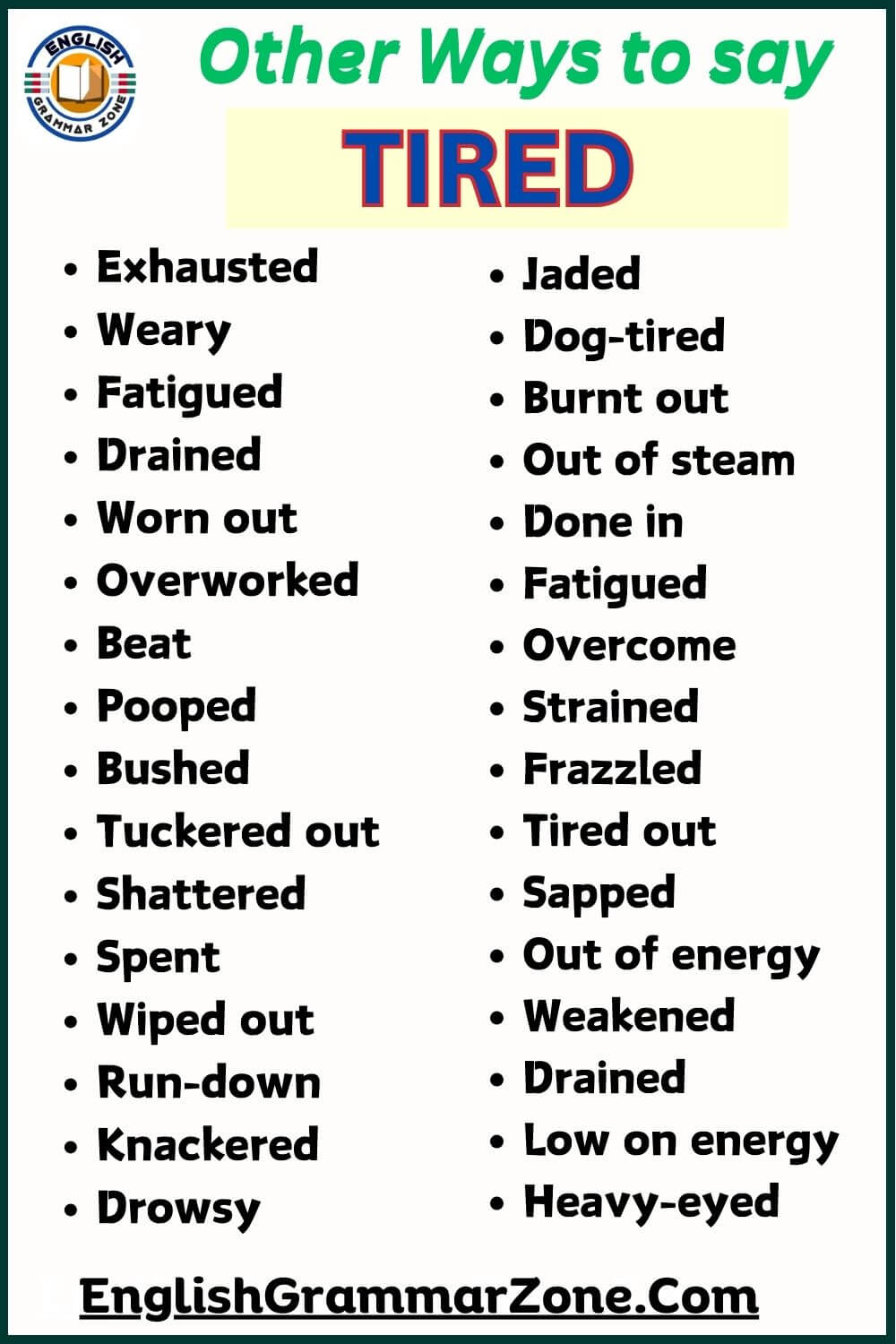  120 different ways to say  Tired in English