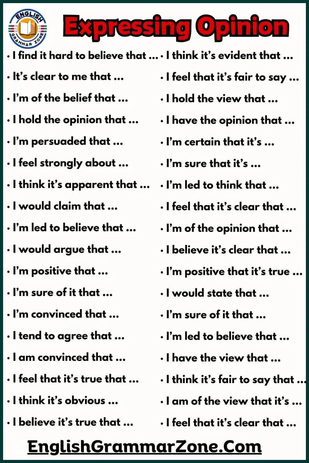 100 Expressing opinions phrase