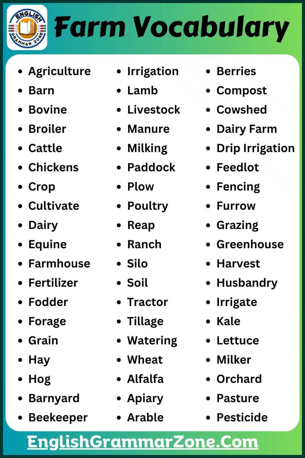 Farm Vocabulary words Kindergarten