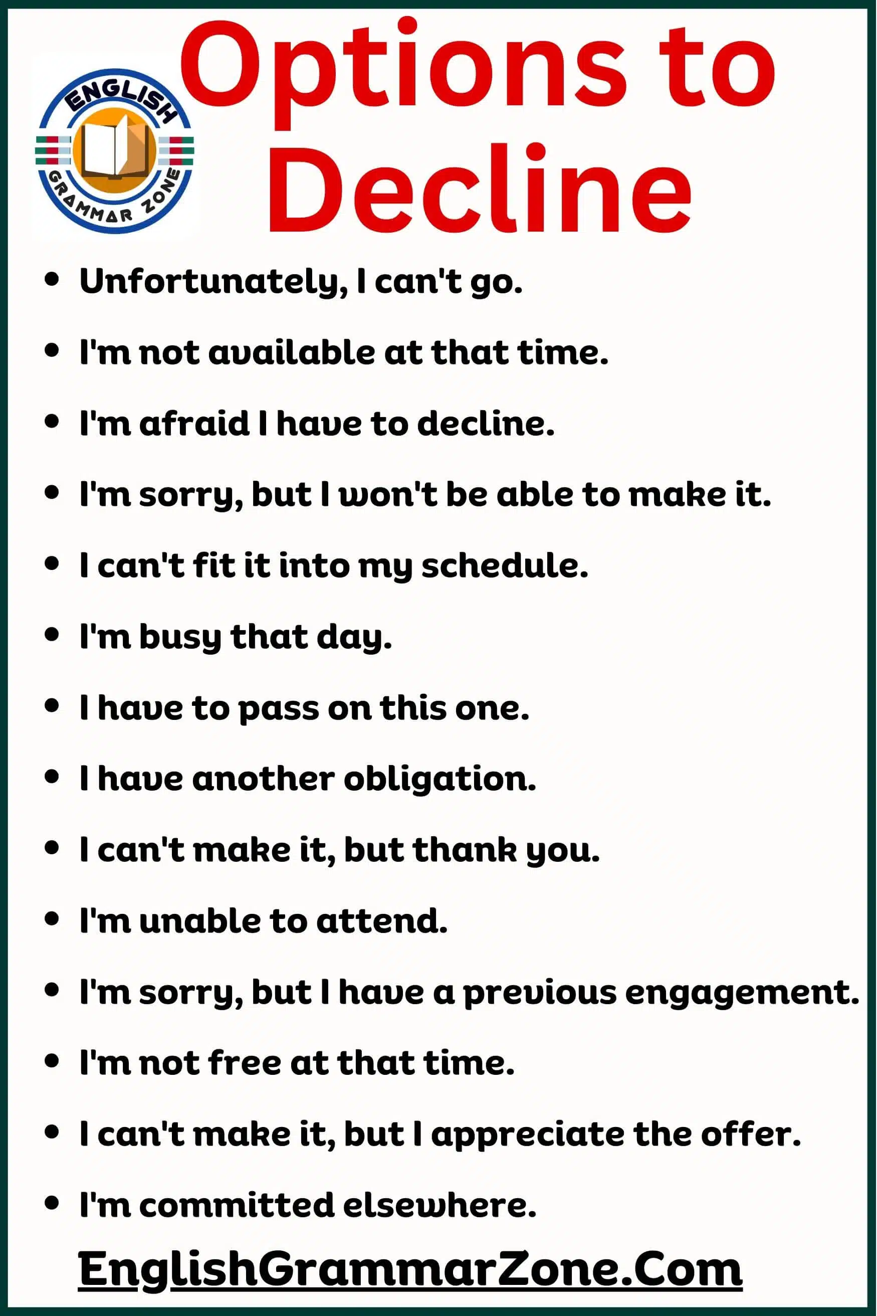 Alternative ways, “ How to politely decline in English”