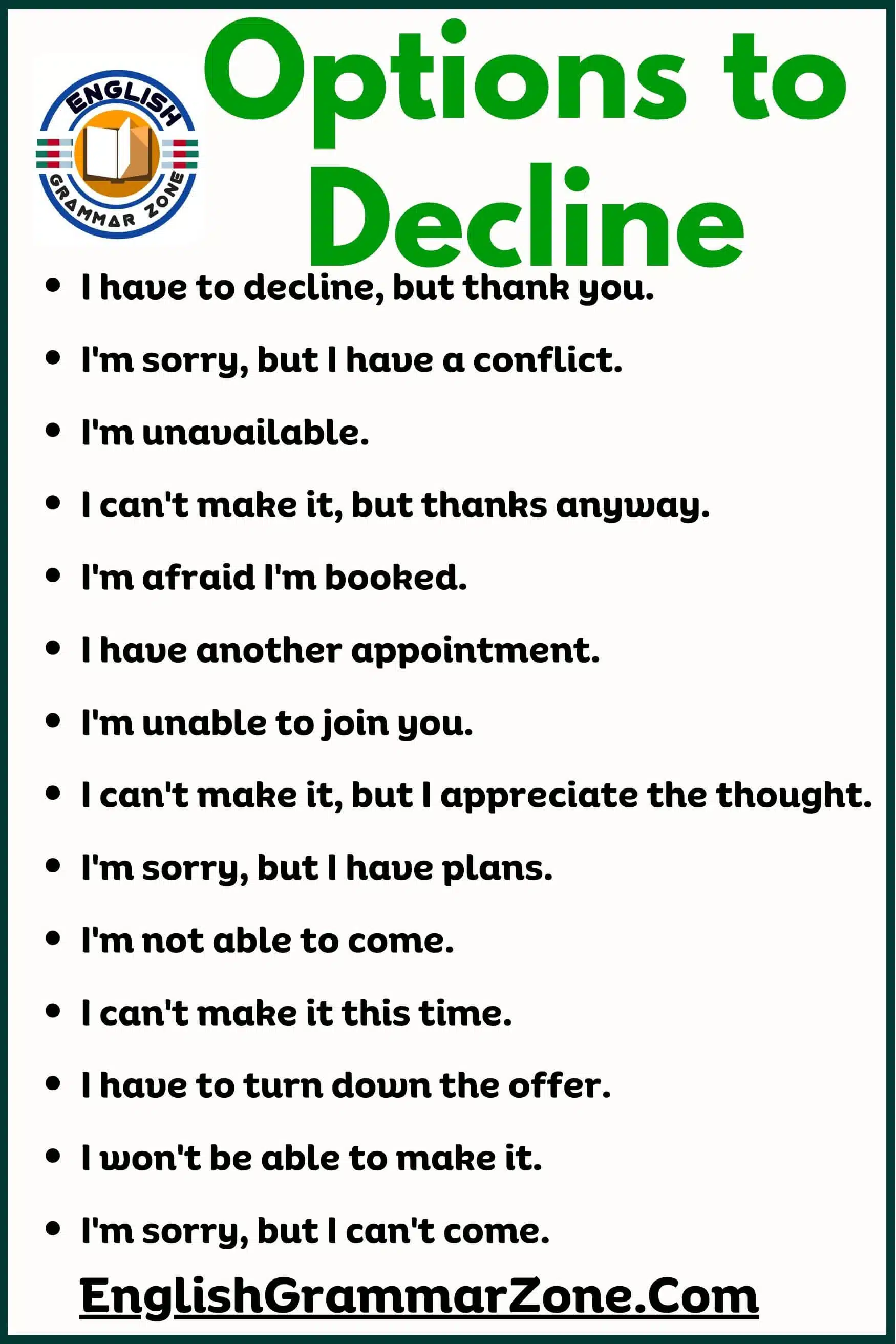 Alternative ways, “ How to politely decline in English”
