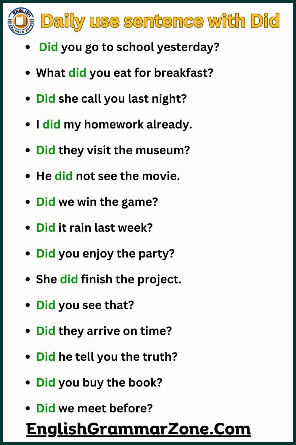 Daily use sentence with Did