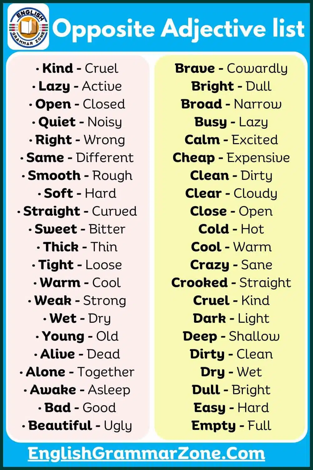 100 Adjectives and their opposites