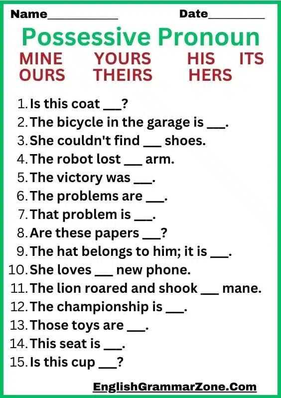List Of Possessive Pronoun With Example Worksheet