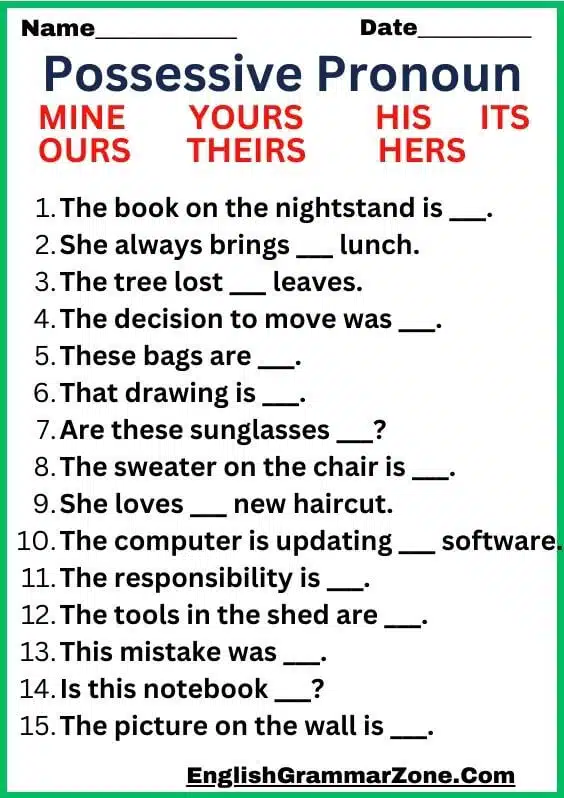List Of Possessive Pronoun With Example Worksheet
