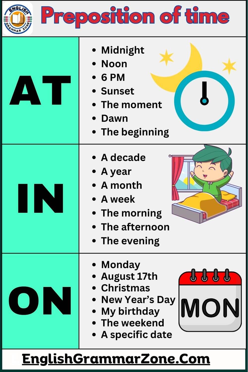 Preposition Of Time At, In, On, Examples