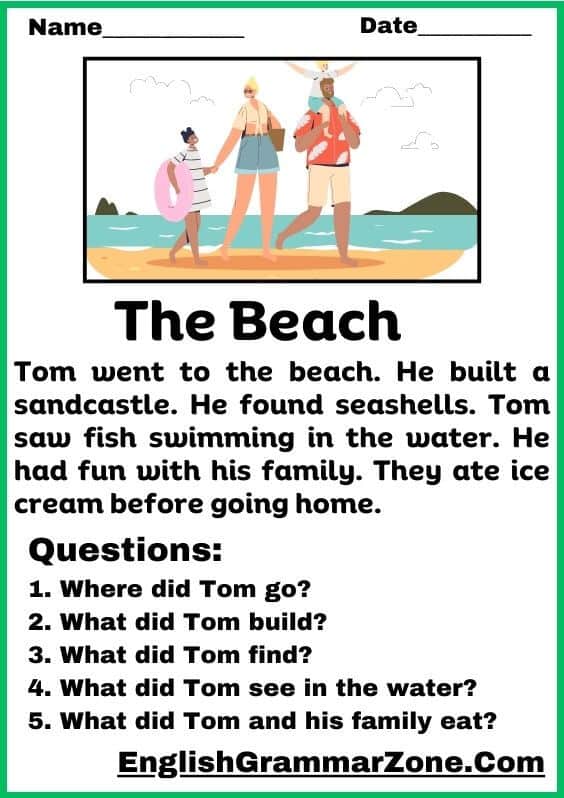 Reading Comprehension Worksheet “The Beach”