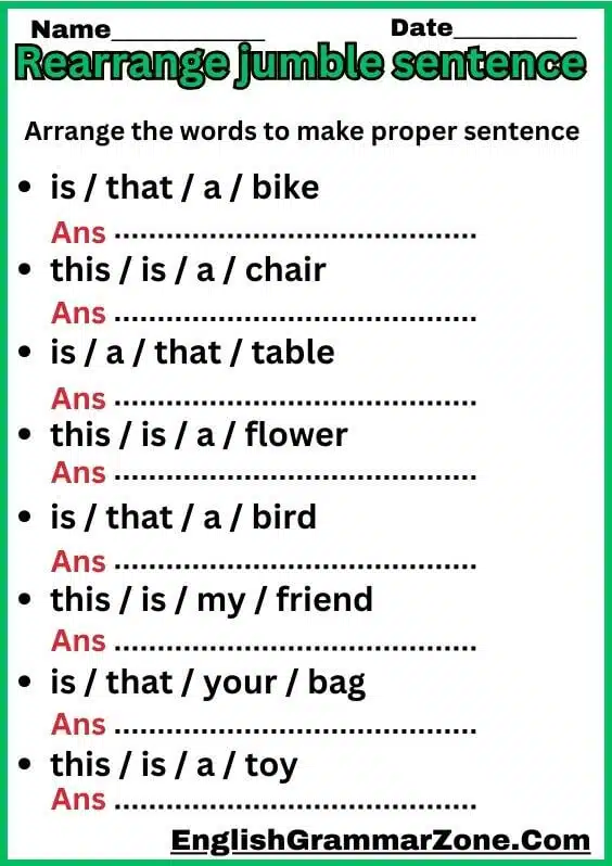 Rearrange Jumble Sentence Worksheet With Answer