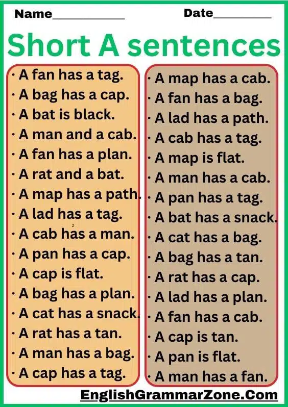 Vowel Words A Sounds Worksheet