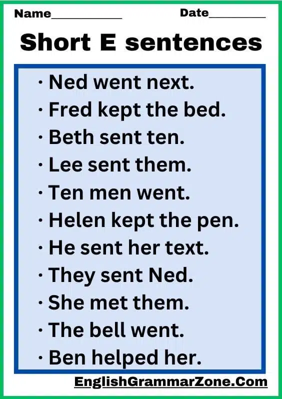 Vowel Worksheet Sentence With “ E”
