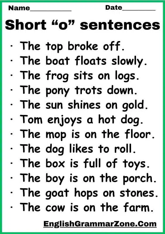Vowel Worksheet Sentence With O