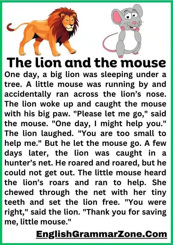 The lion and the mouse” reading comprehension worksheet