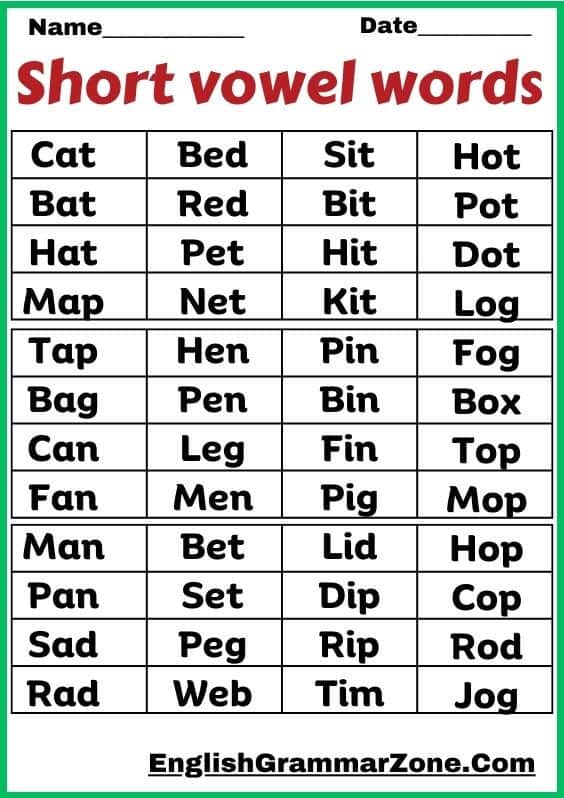 Short Vowel Words Worksheet