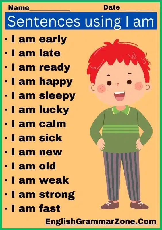 Examples of “ I am” in a sentence worksheet
