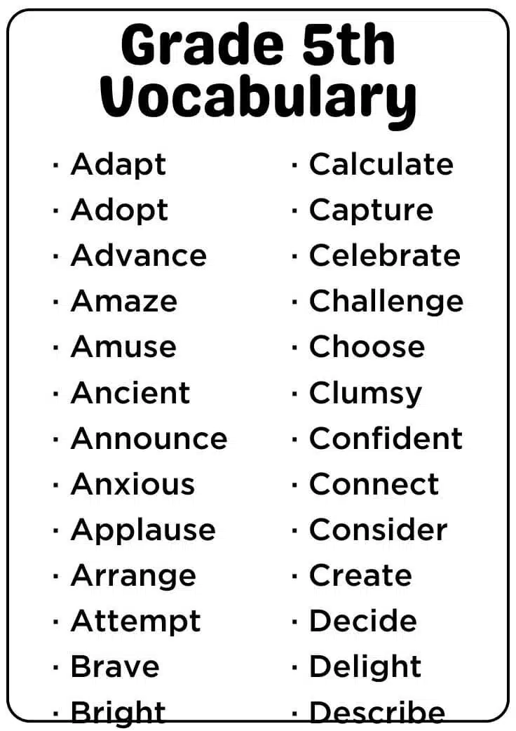 List Of Grade 5th Vocabulary Words