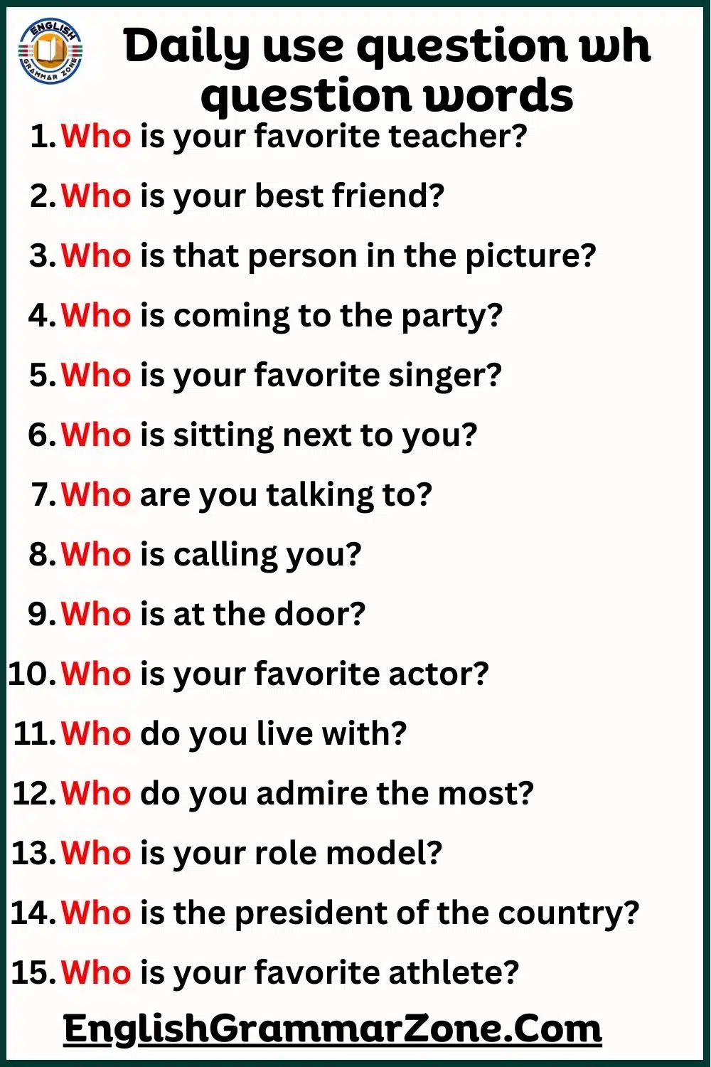 Daily use WH Question words in speaking English