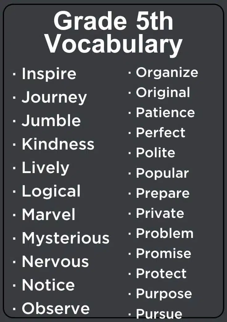 List Of Grade 5th Vocabulary Words